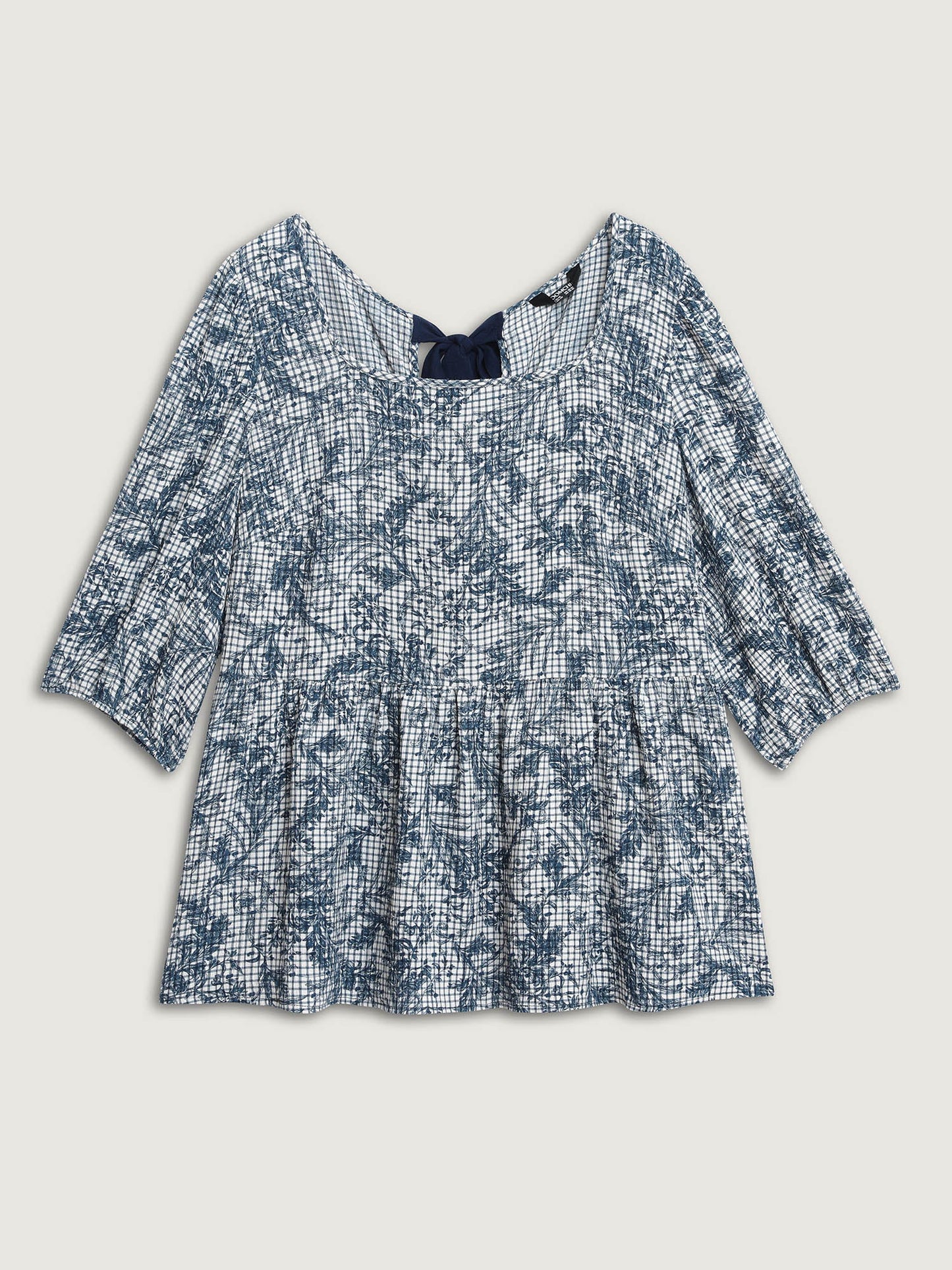 Check Toile de Jouy Shirred Pattern Blouse