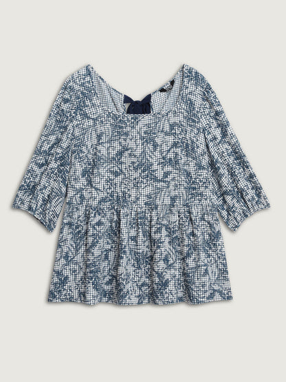 Check Toile de Jouy Shirred Pattern Blouse
