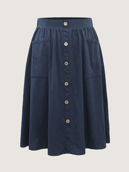 Solid Button Detail Midi Skirt