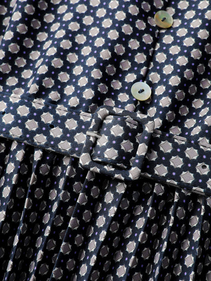 Geometric Print Pleated Notched Collar Midi Dress
