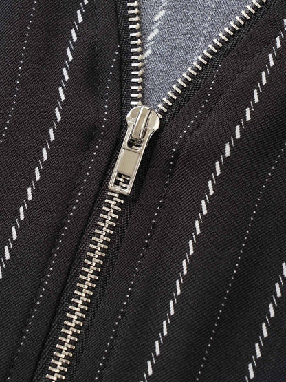 Striped Half Zip Tab Sleeve Blouse