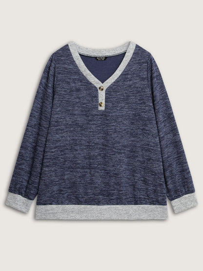 Color Contrast V-Neck Button Sweatshirt