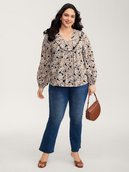 Floral Print Pleated Flowy Blouse