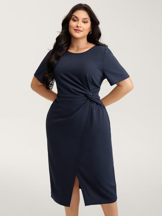 Half-Sleeve Split Front Sheath Midi Dress