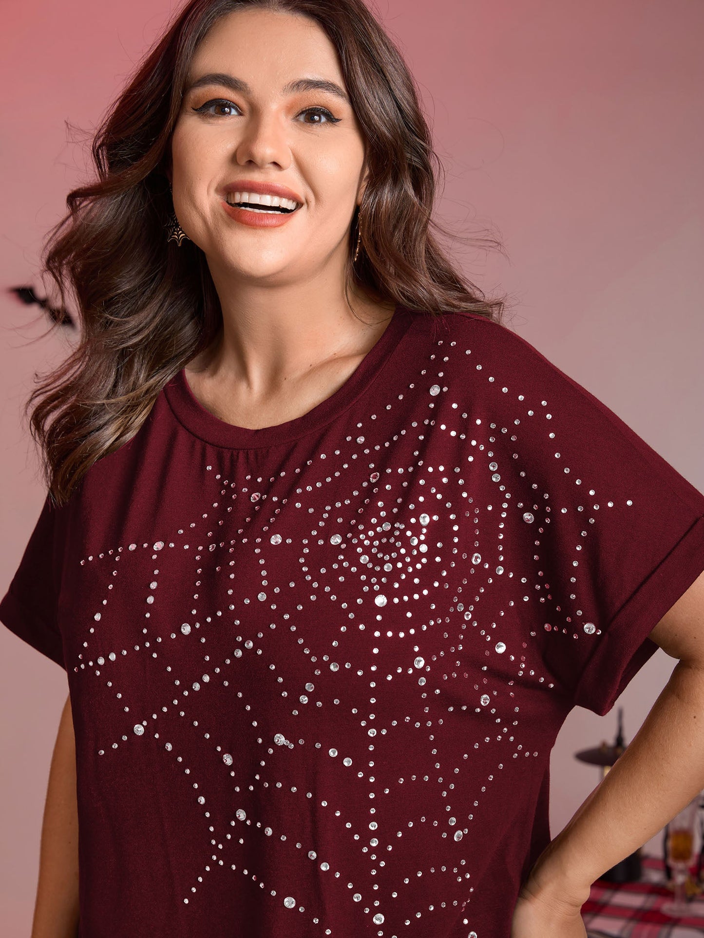 Spiderweb Rhinestone Stretchy Solid T-Shirt