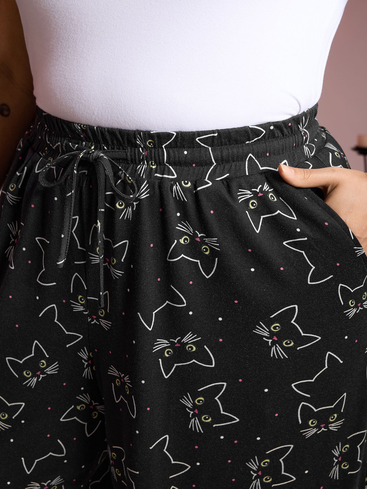 Meow Halloween Print Wide-Leg Lounge Pants