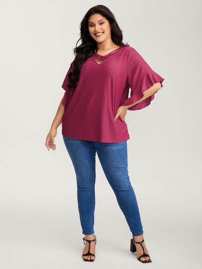 Ruffled Sleeve Textured Cut-Out Neck T-Shirt