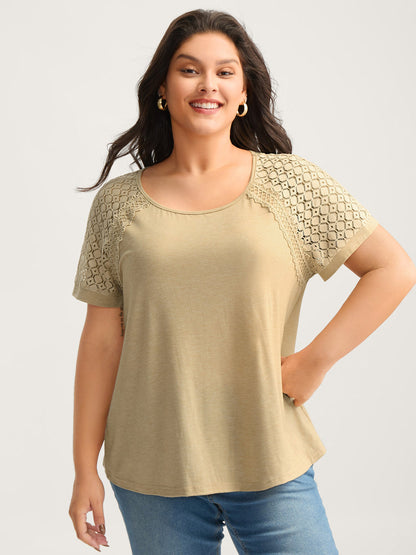 Sheer Lace Sleeve Spliced Solid T-Shirt