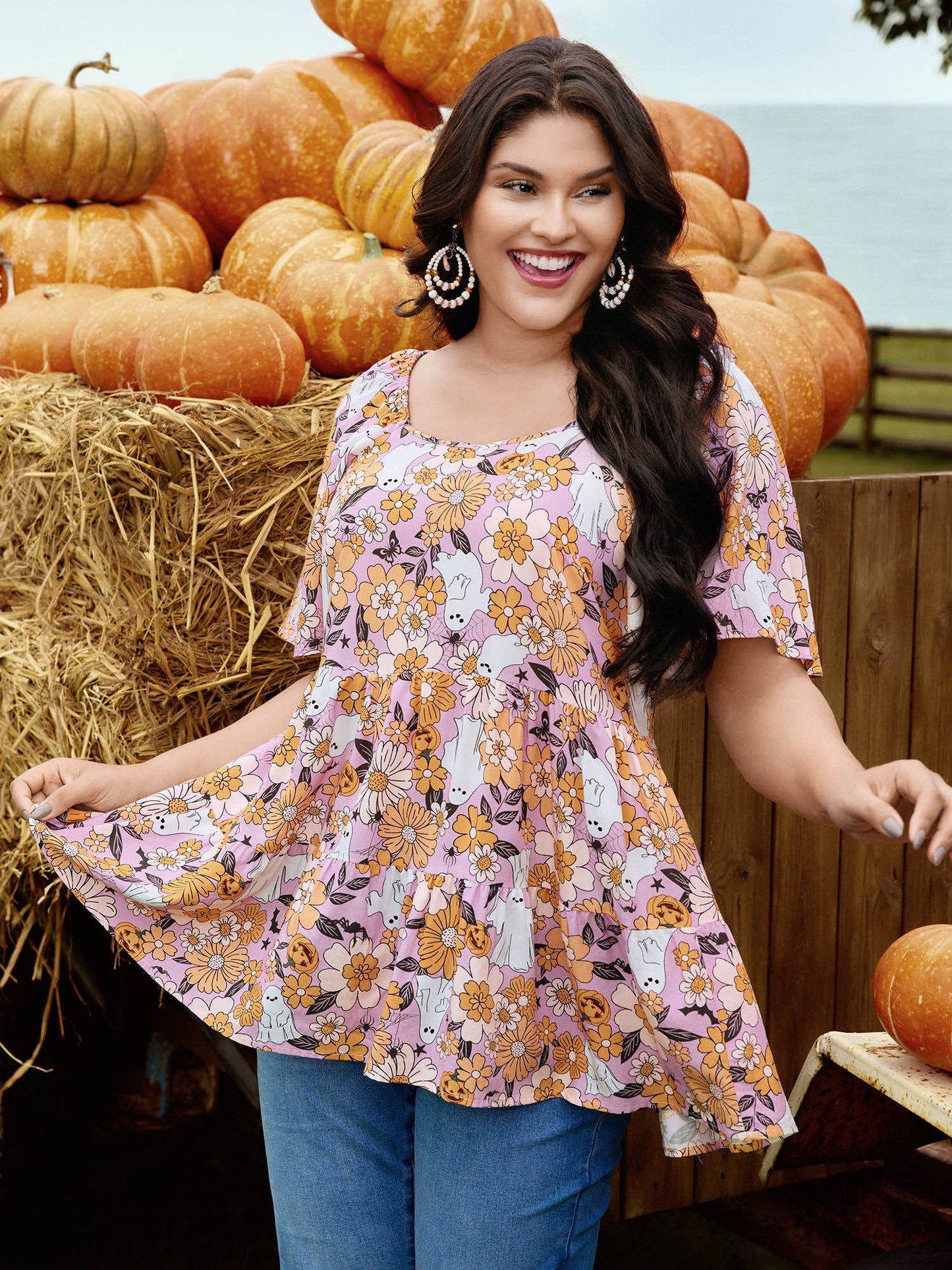 Rayon Halloween Floral Print Blouse