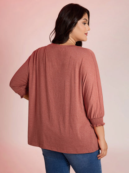 Shirred Cuff Sleeve Round Neck T-Shirt