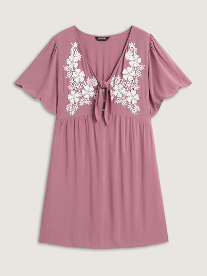 Rayon Bodice Embroidered Patchwork Knot Midi Dress