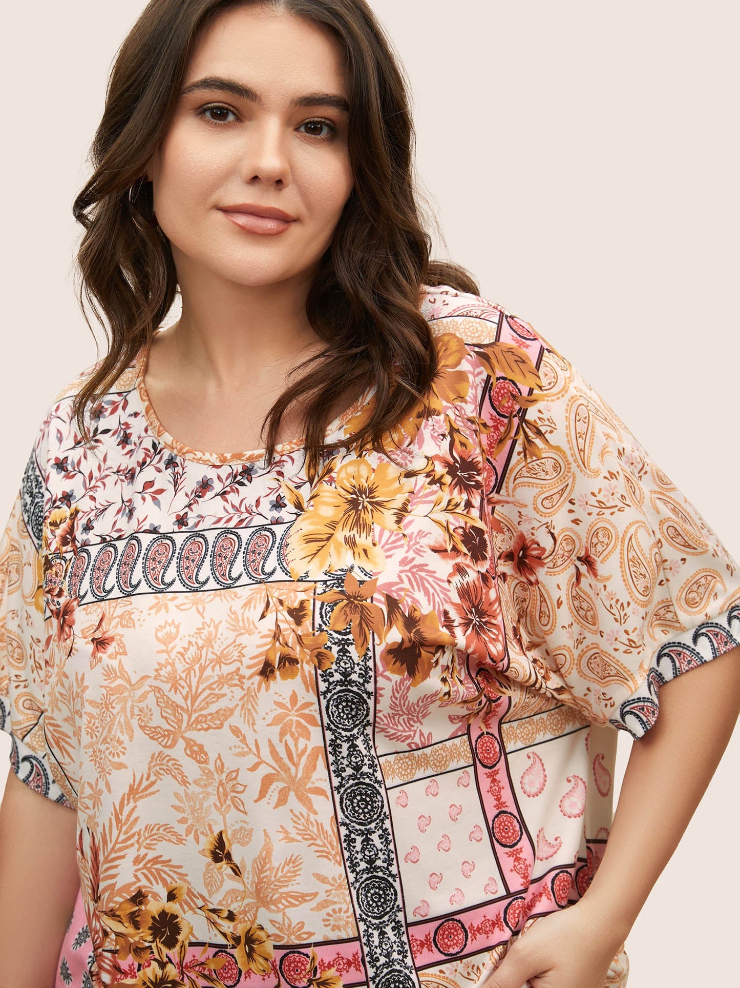 Round Neck Boho Print Patchwork T-shirt
