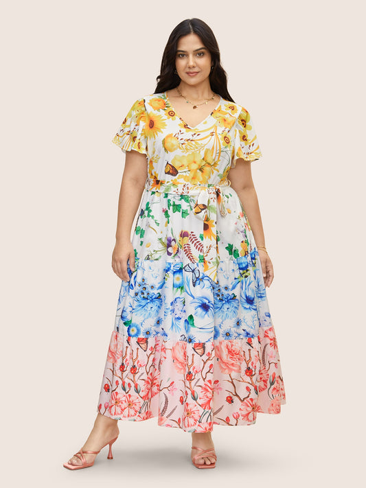Floral & Butterfly Contrast Ruffle Layered Hem Dress