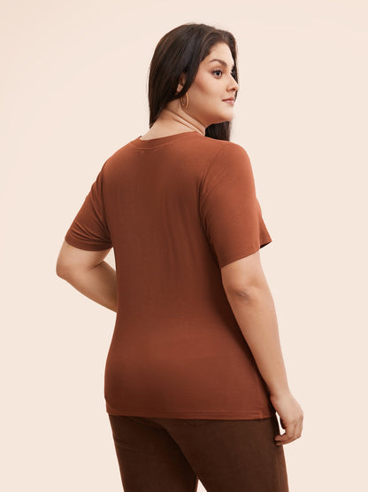 V Neck Button Detail Ruched T-shirt