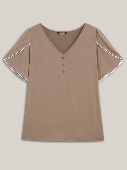 Petal Sleeve Lace Button Solid T-Shirt