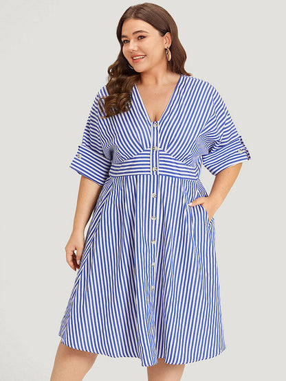 V Neck Striped Pocket Ruffle Hem Button Detail Dress