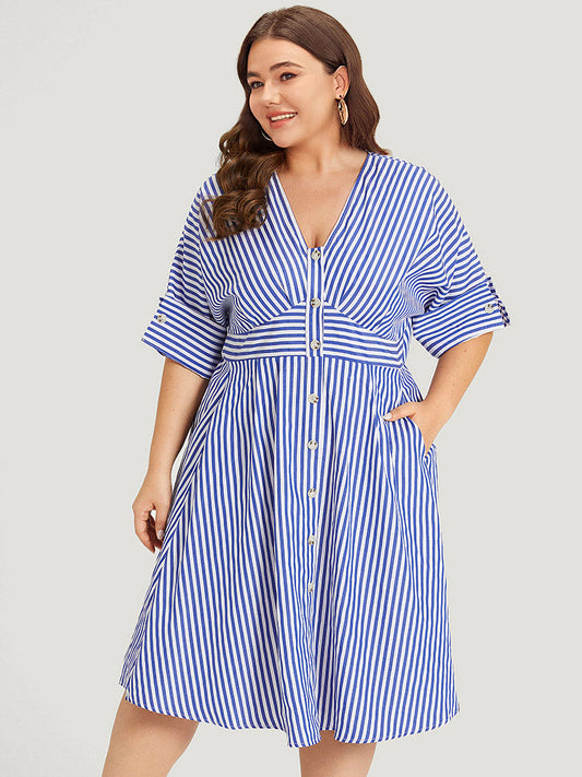 V Neck Striped Pocket Ruffle Hem Button Detail Dress