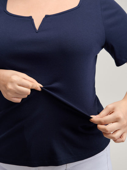 Ribbed High Stretch Split Neck T-Shirt