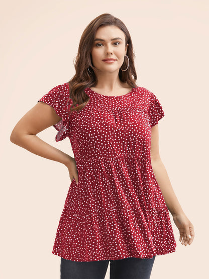 Allover Print Cap Sleeve Ruffle Hem Gathered Blouse