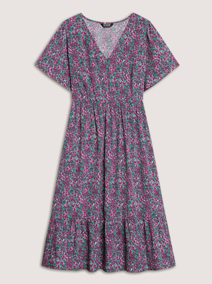 Floral Print V-Neck Tiered Midi Dress
