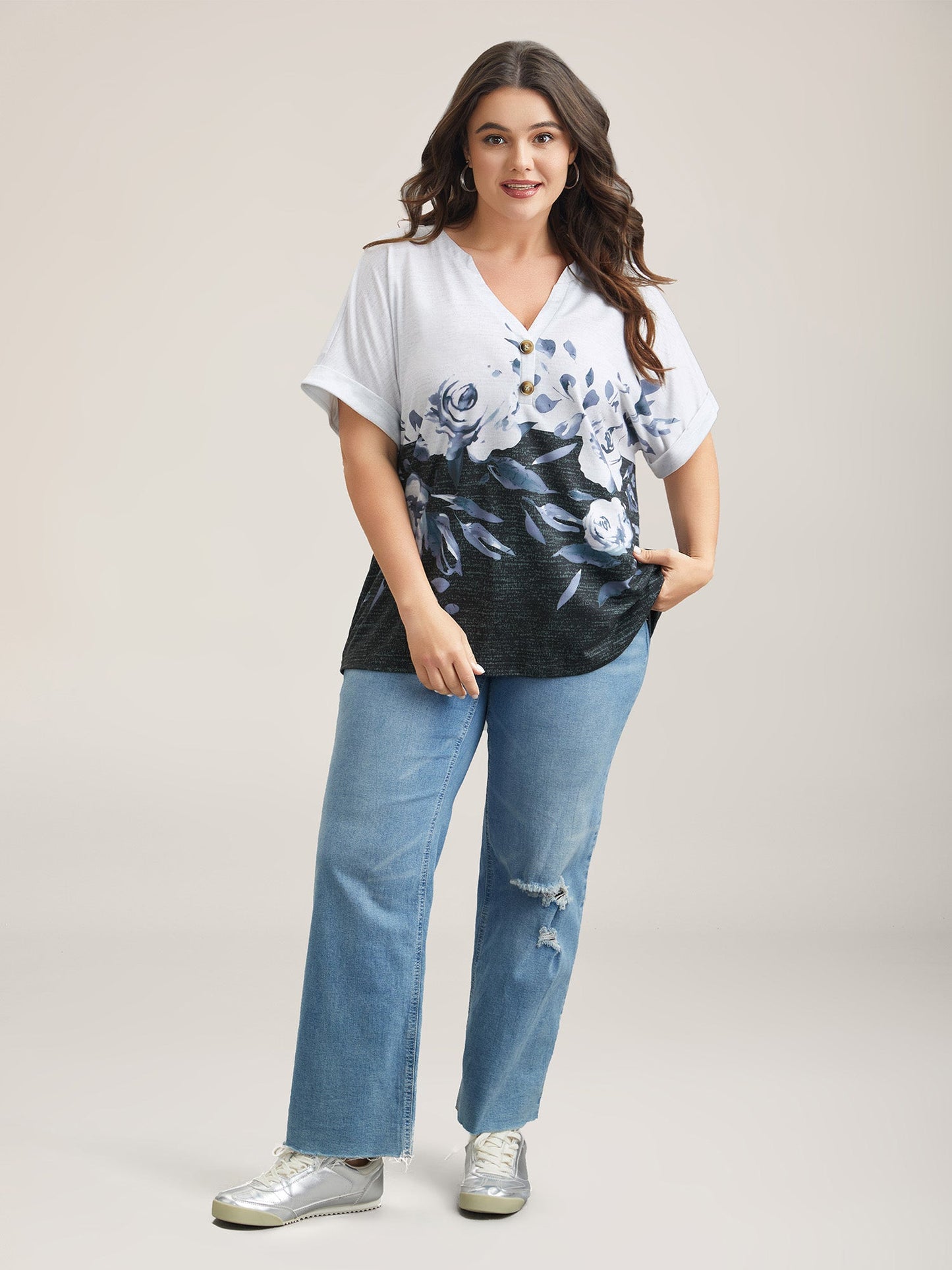 Floral Position Print Half-Sleeve T-Shirt