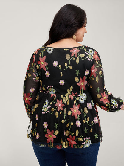 Floral Embroidered Mesh Knit Top
