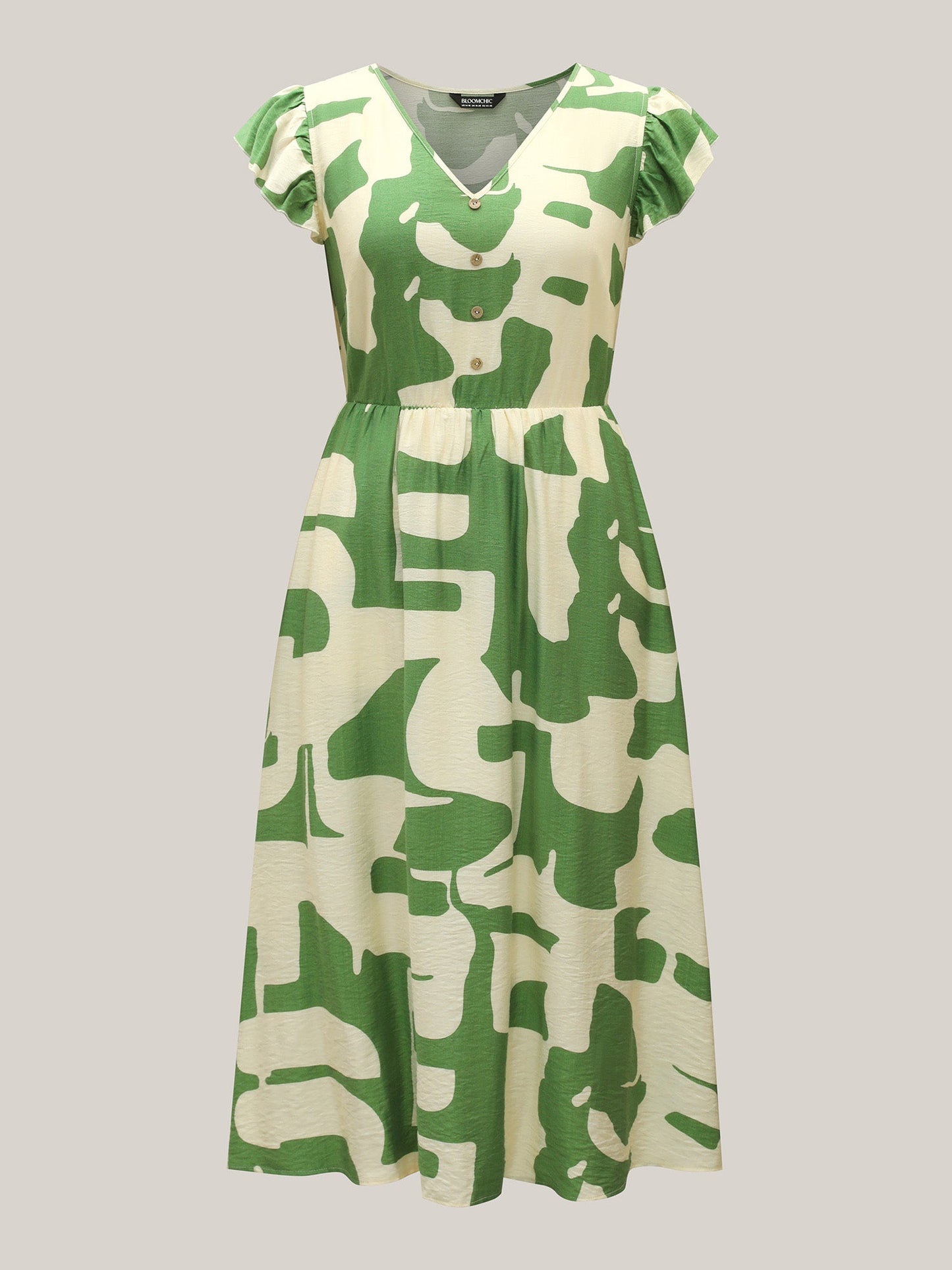 Geometric Print Cinched-Waist Button Midi Dress