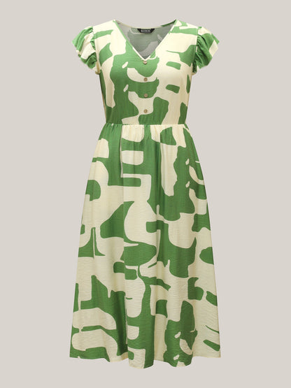 Geometric Print Cinched-Waist Button Midi Dress