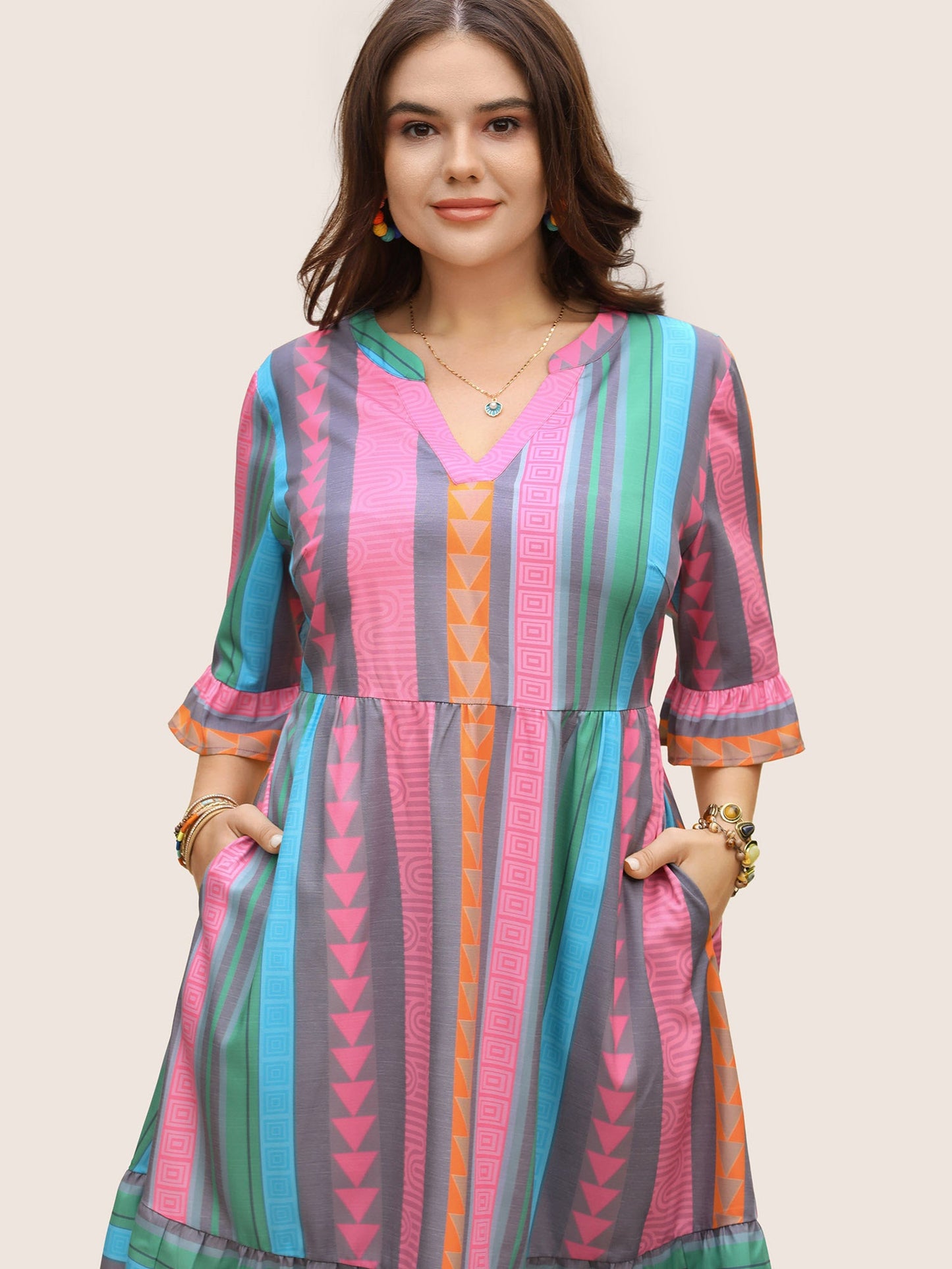Notched Collar Geometric Striped Ruffle Sleeve Dress