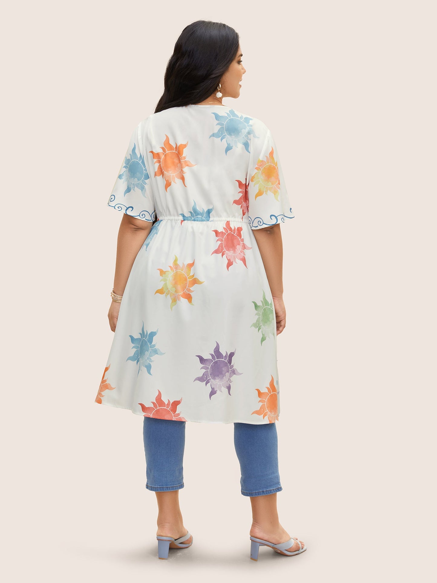 Sun Print Knotted Button Up Drawstring Kimono
