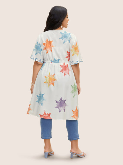 Sun Print Knotted Button Up Drawstring Kimono
