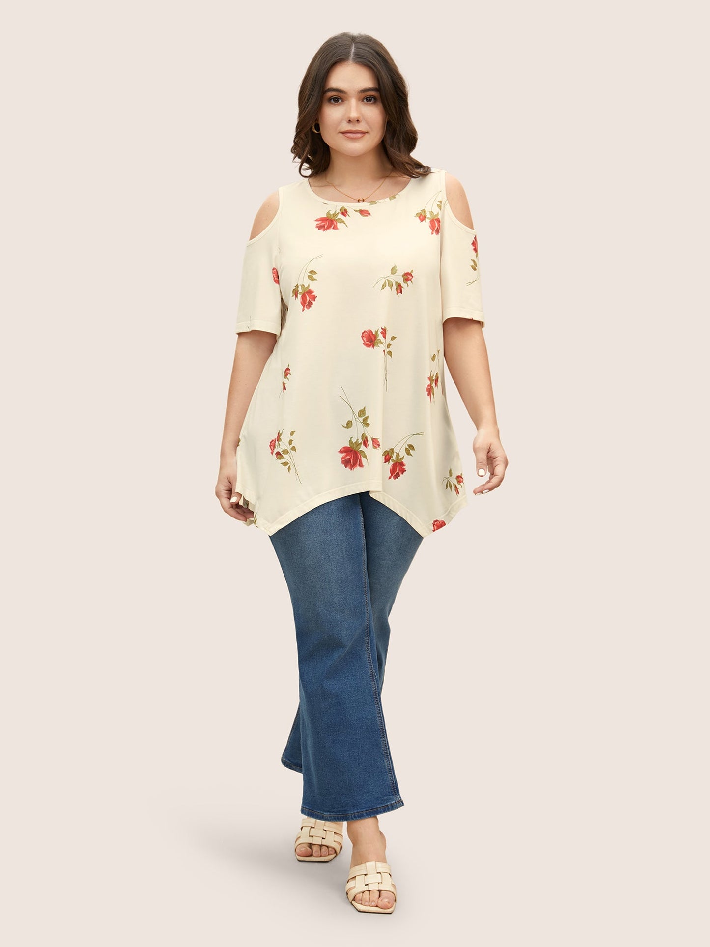 Rose Print Cold Shoulder T-shirt