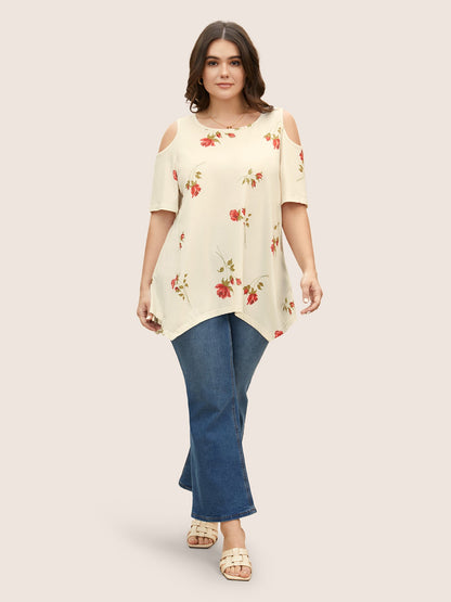 Rose Print Cold Shoulder T-shirt