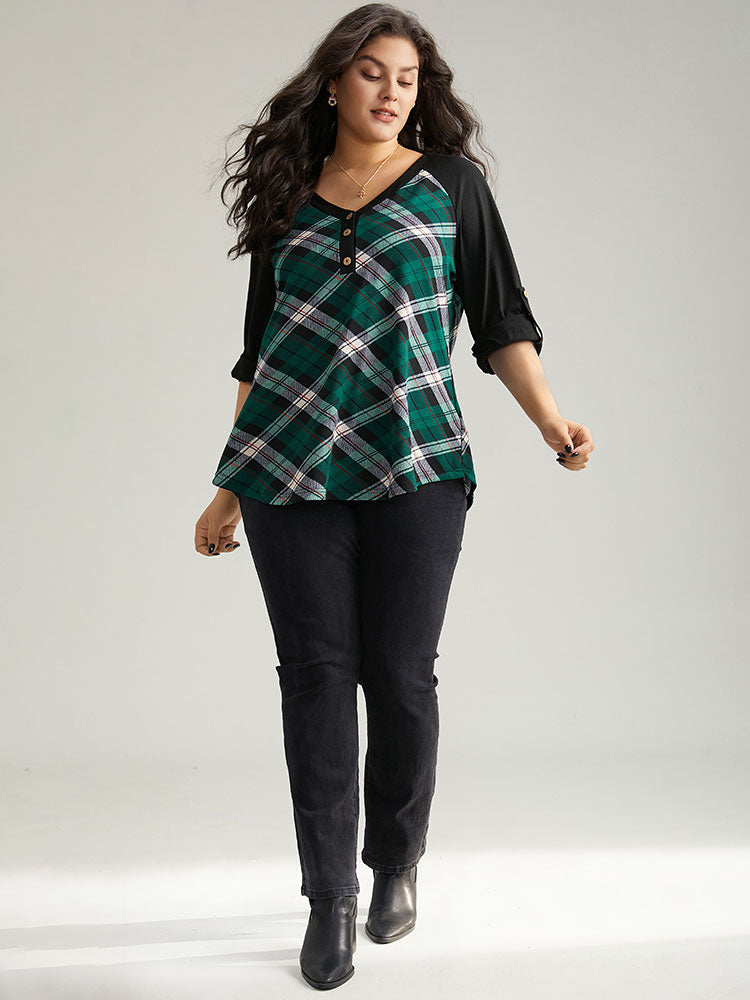Plaid Contrast Roll Raglan Sleeve T-shirt
