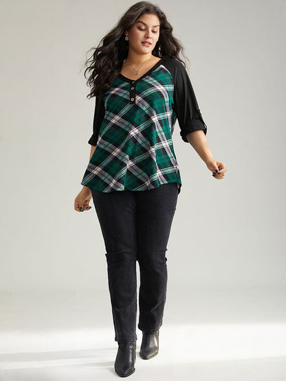 Plaid Contrast Roll Raglan Sleeve T-shirt
