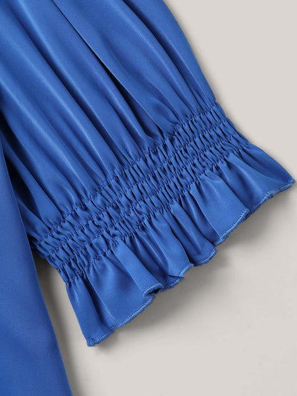 Shirred Cuffs Pintuck Pleats Solid Blouse