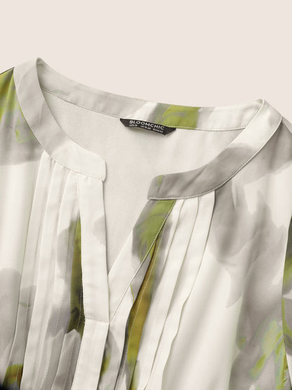 Colorblock Notched Pleated Belted Curved Hem Dress