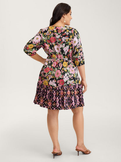 Rayon Floral Print Cinched Waist Mini Dress