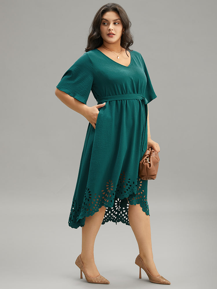 Plain Belted Laser Cut High Low Hem Dress