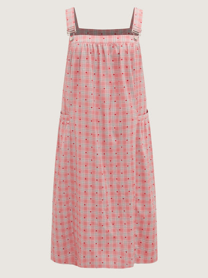 Gingham Overall Adjustable Pockets Midi Dress