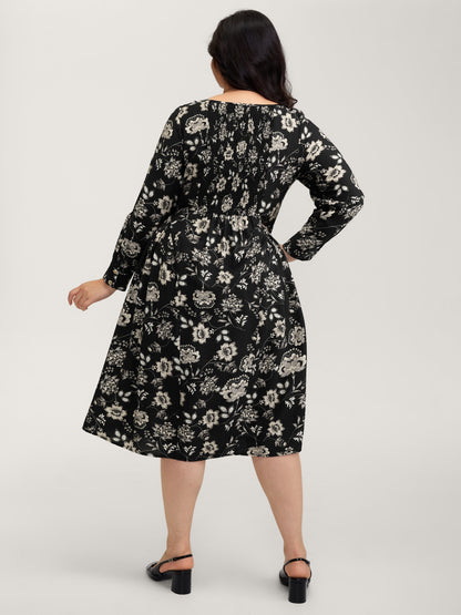 Floral Print Boat Neckline Midi Dress