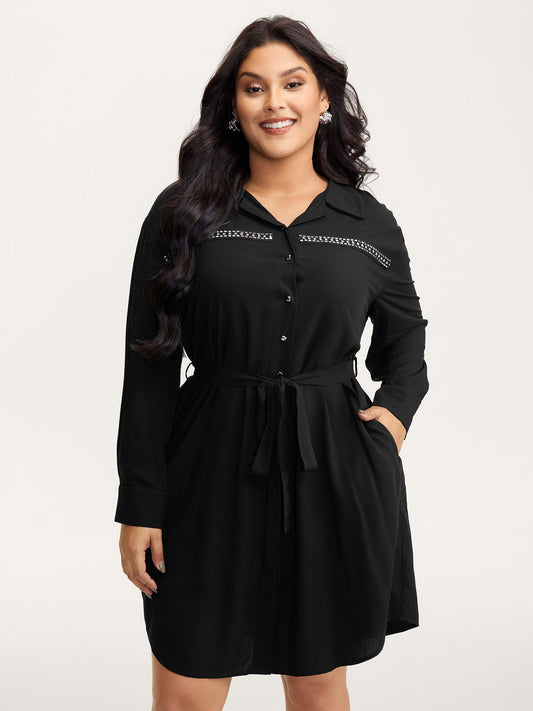 Pleated Belted Waist Midi Shirt Dress