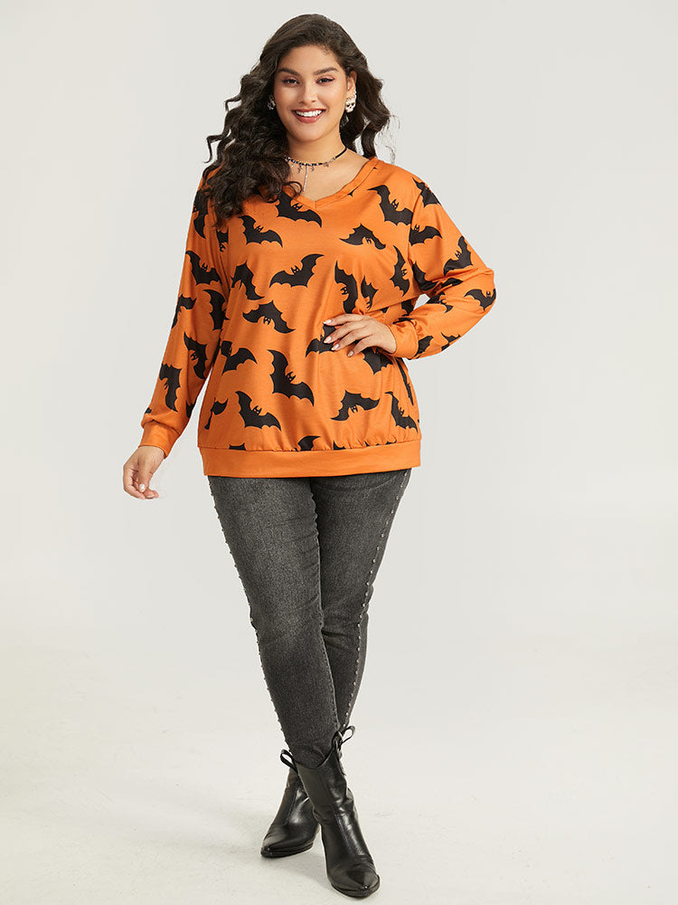 Halloween Bat Print V Neck Sweatshirt