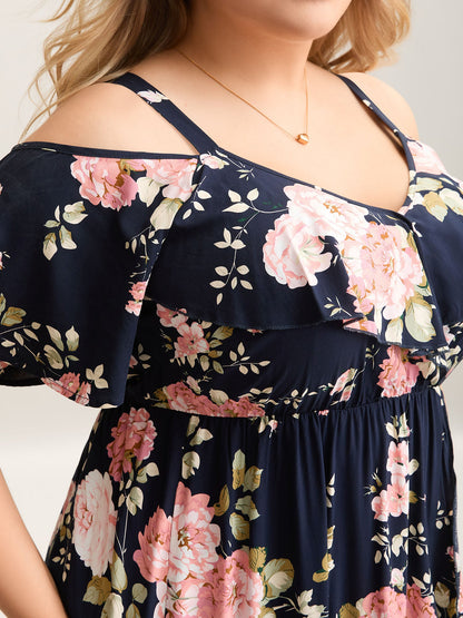 Ruffled Neck Off-Shoulder Floral Midi Dress