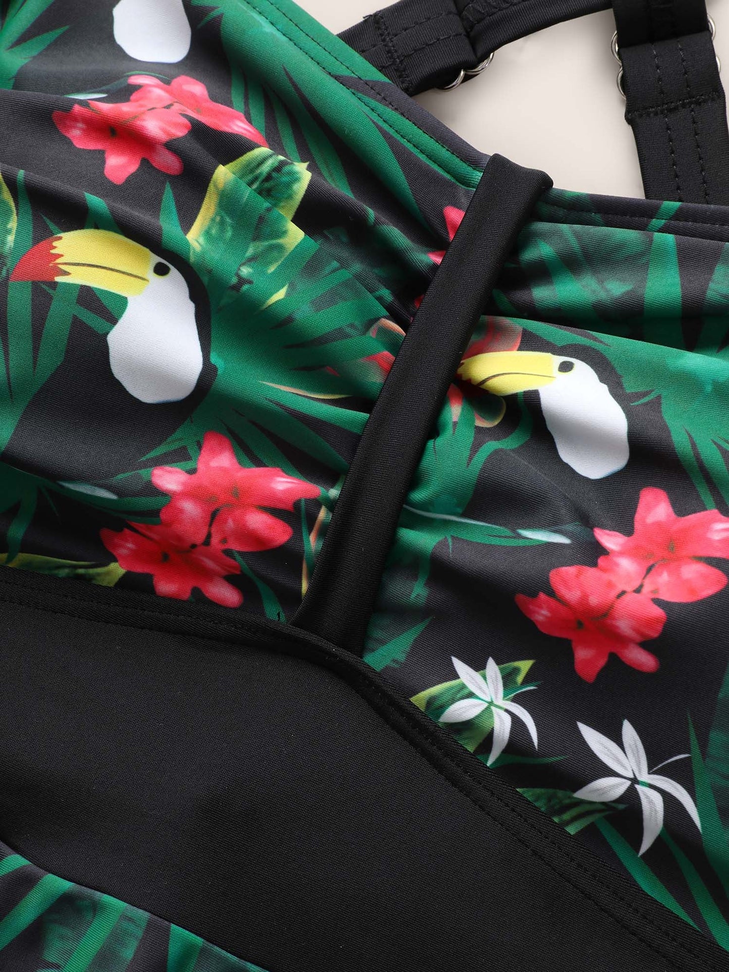 Tropical Print Patchwork Gathered Swim Top
