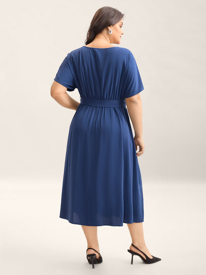 Keyhole Belted Pockets Plain Midi Dress
