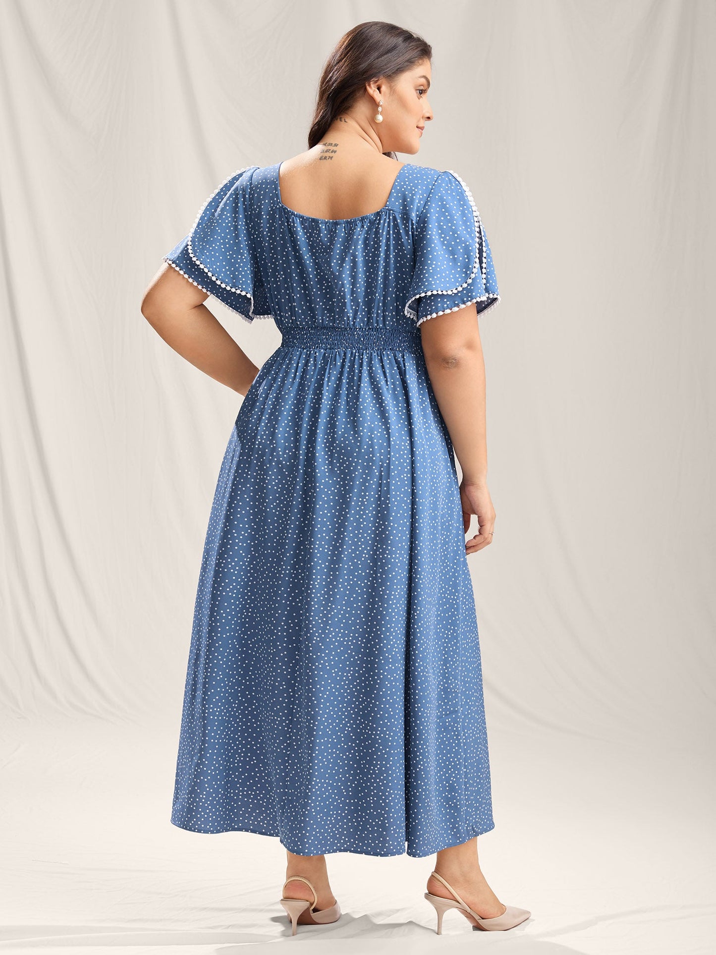 Polka Dots Layer Sleeves Keyhole Maxi Dress