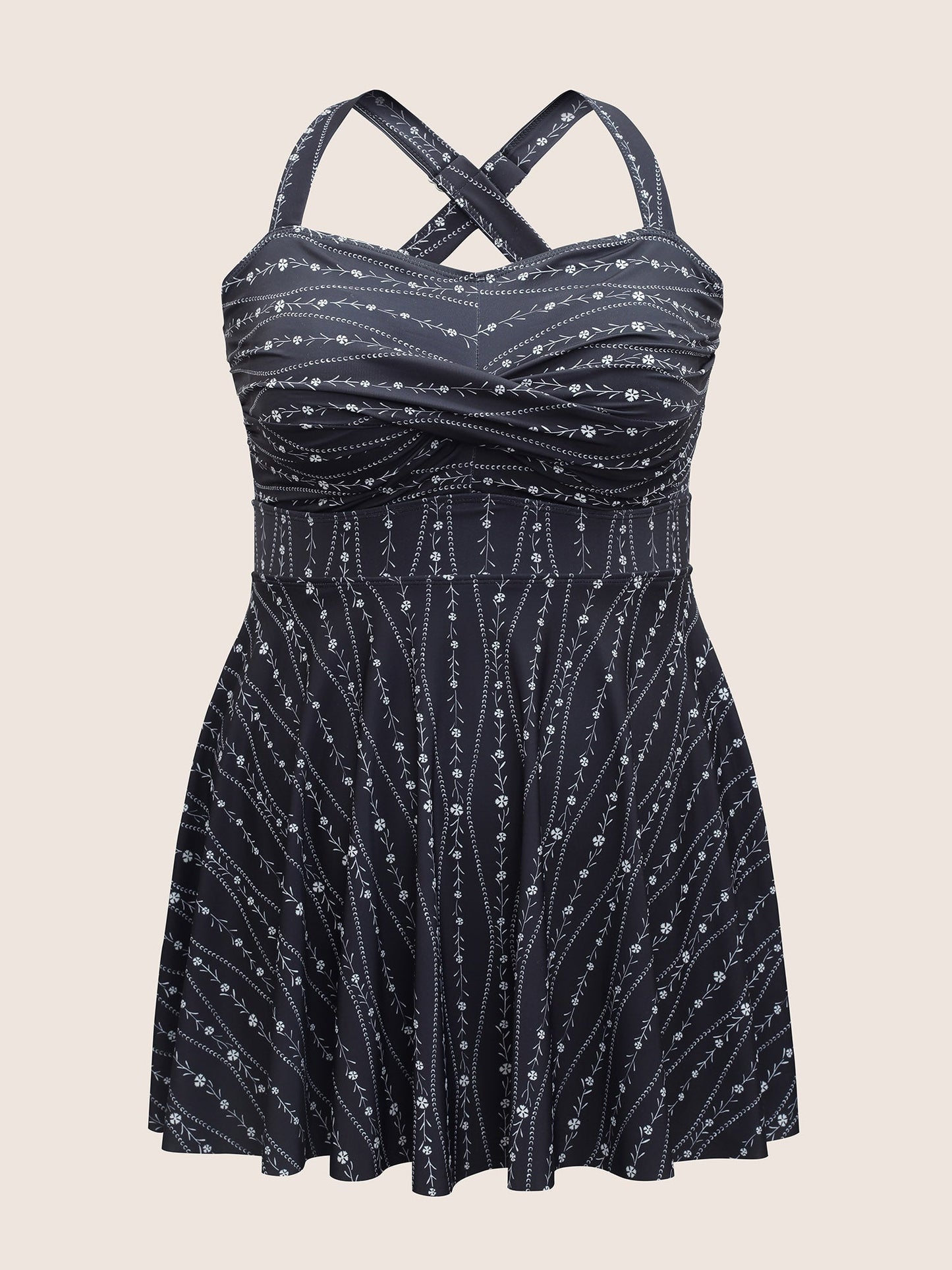 Ditsy Floral & Geo Graphic Crossover Swim Dress