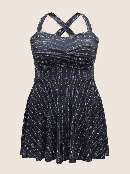 Ditsy Floral & Geo Graphic Crossover Swim Dress