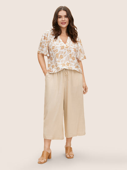 Linen Blend Drawstring Mid Rise Wide Leg Pants